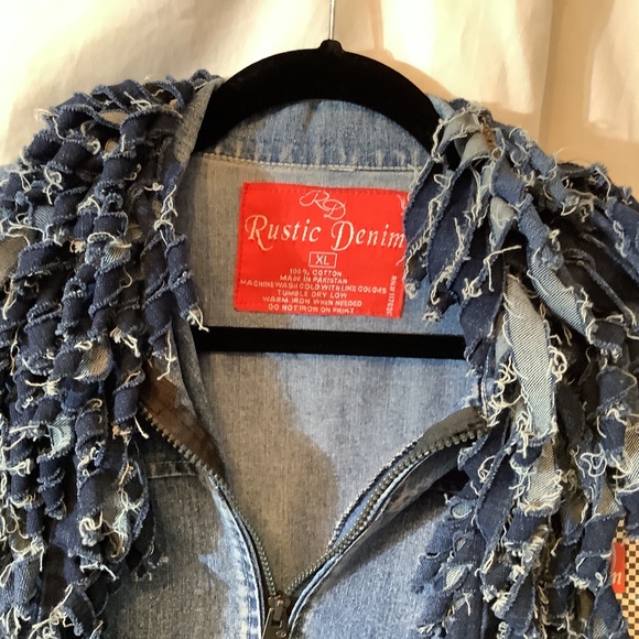NWT Upcycled denim jean jacket with jean fringe Rustic denim western funky - Picture 3 of 12